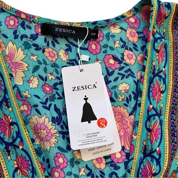 Zesica Blue Pink Floral Short Sleeve V-Neck Wrap Mini Summer Dress Small NEW - Picture 3 of 13